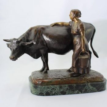 Louis Riche Bronze of a Cow and Milking Woman, circa 1910