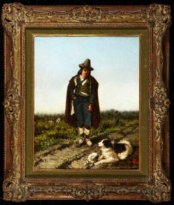 19TH CENTURY EUROPEAN OIL PAINTING OF AND MAN AND HIS DOG