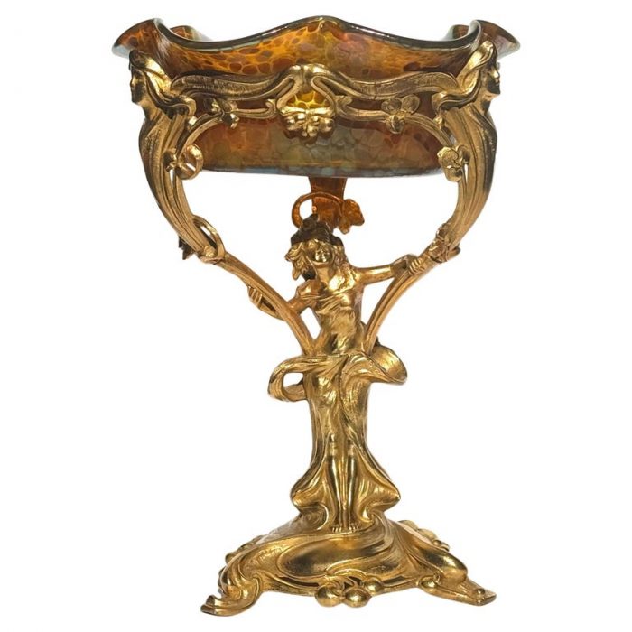 Loetz Oil Spot Glass And Gilt Metal Art Nouveau Compote Vase