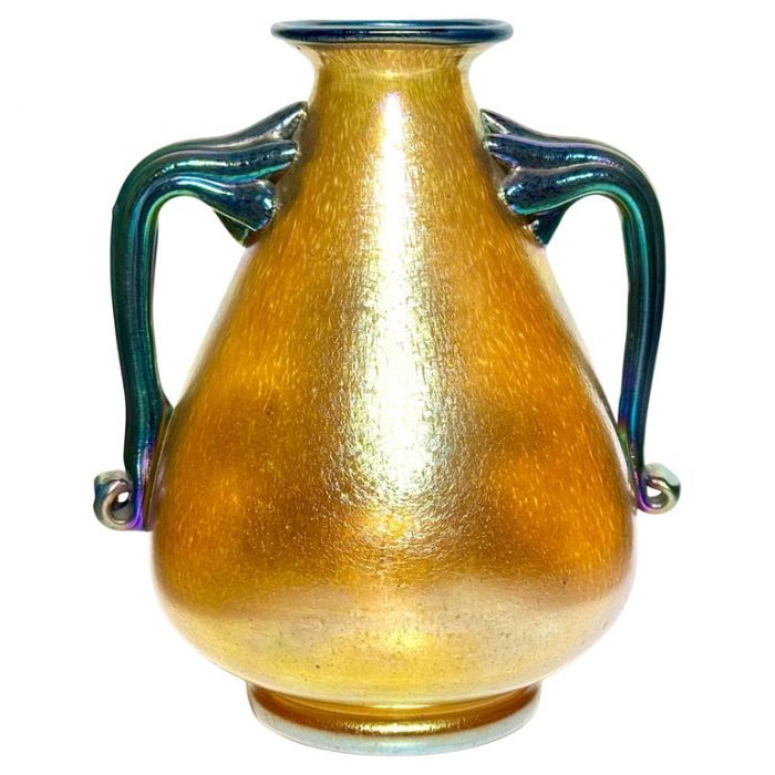 Loetz Silberiris Gold Iridescent Two Handled Art Nouveau Vase