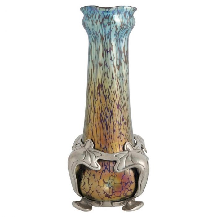 Loetz Papillon Glass And Van Houten Pewter Vase