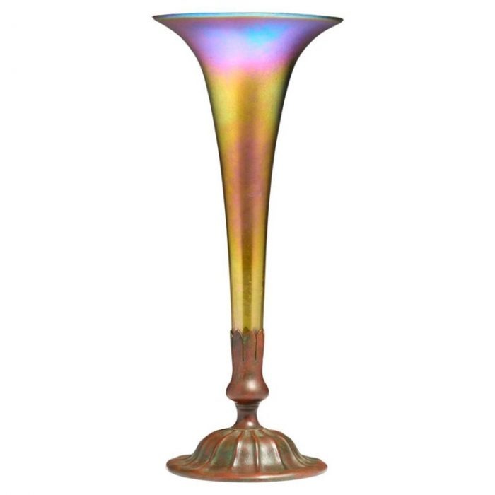 Tiffany Studios Favrile Glass and Bronze Trumpett Vase
