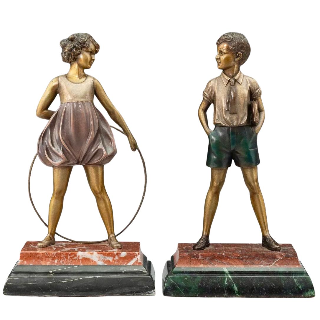 Ferdinand Preiss Hoop Girl And Sonny Boy Painted Bronze Figures