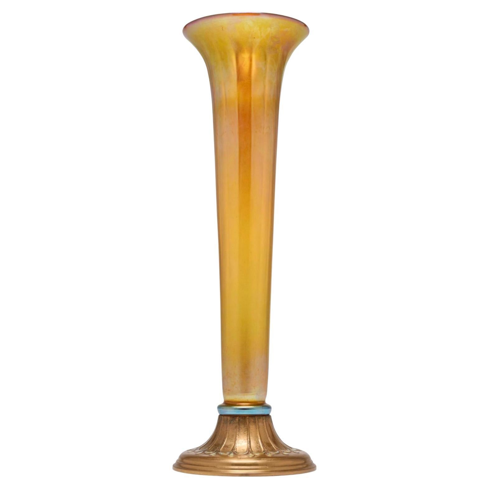 Tiffany Studios Trumpet Vase With Enameled Gilt Bronze Base
